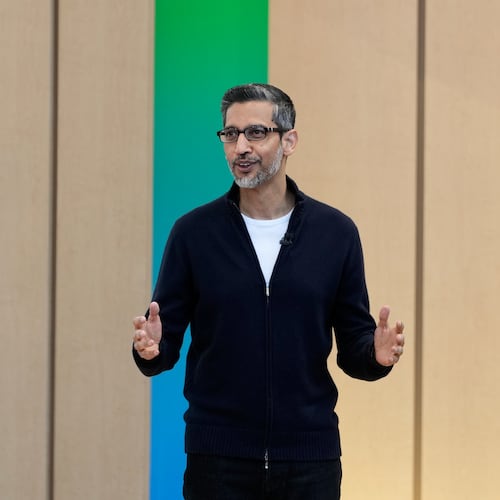 Alphabet CEO Sundar Pichai speaks at a Google I/O event in Mountain View, Calif., Tuesday, May 19, 2026. (AP Photo/Jeff Chiu)