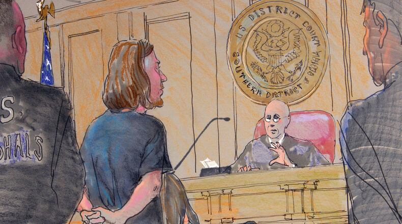 This courtroom sketch by Richard Miller shows Aubrey Lee Price making his initial court appearance before U.S. Magistrate Court Judge James Graham in Brunswick, Ga., on Thursday, Jan. 2, 2014.
