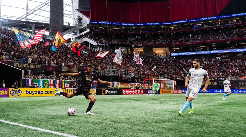 Atlanta United defender George Campbell clearing the ball during the match against the New England Revolution at Mercedes-Benz Stadium in Atlanta, Georgia on Saturday July 17, 2021. (Photo by Dakota Williams/Atlanta United)