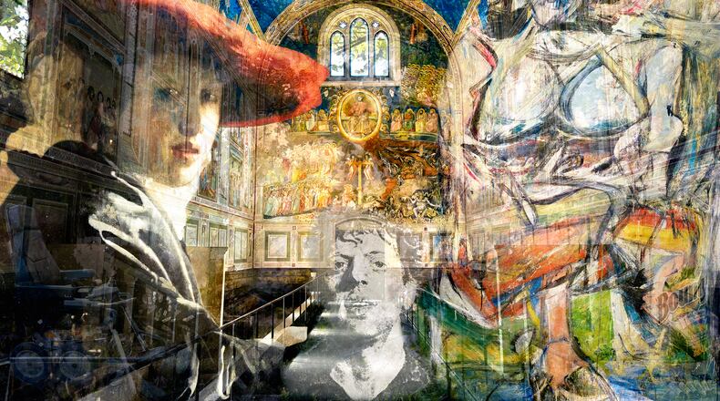 Weingarten's portrait of the American painter Chuck Close (2007), a portraitist himself who drew extensively and provocatively from photography, incorporates an image of Close’s portrait of composer Philip Glass and shots of Giotto’s lovely blue frescoes in the Arena Chapel in Padua, Italy.