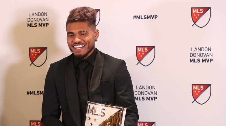 Atlanta United forward Josef Martinez reacts after receiving the MLS MVP at the Arthur M. Blank Family Office Wednesday, December 5, 2018, in Atlanta. (JASON GETZ/SPECIAL TO THE AJC)