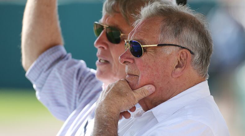 Former Braves catcher Ted Simmons (left) and former manager Bobby Cox watch batting practice in at spring training in 2016. Curtis Compton / ccompton@ajc.com