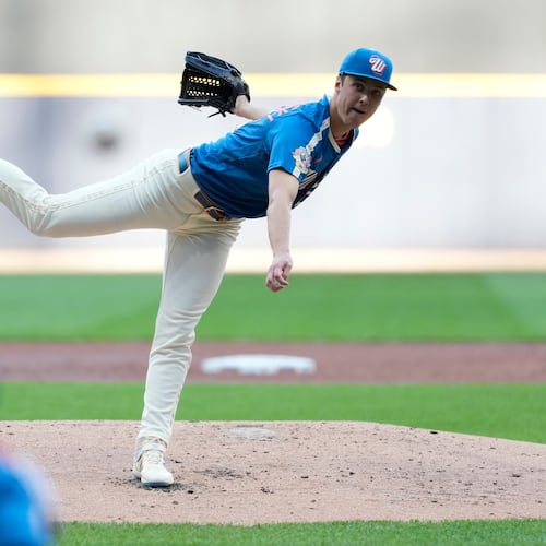Milwaukee Brewers' Jacob Misiorowski pitches during the second inning of a baseball game against the Philadelphia Phillies, Friday, June 12, 2026, in Milwaukee. (AP Photo/Aaron Gash)