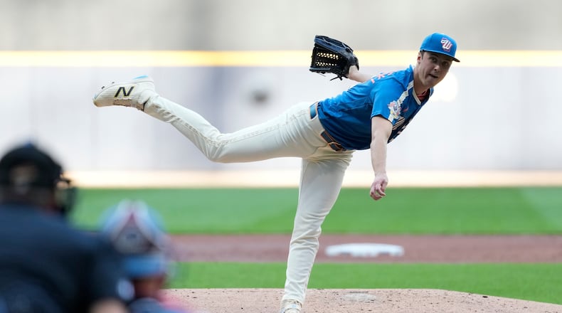 Milwaukee Brewers' Jacob Misiorowski pitches during the second inning of a baseball game against the Philadelphia Phillies, Friday, June 12, 2026, in Milwaukee. (AP Photo/Aaron Gash)