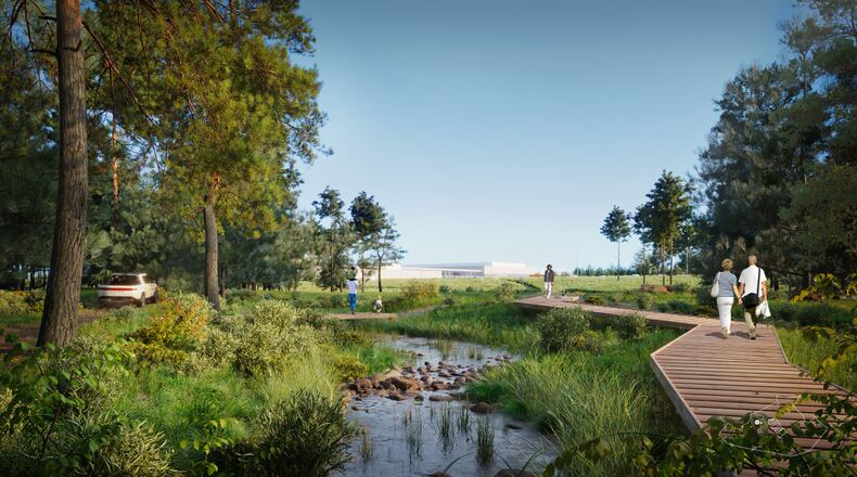 An artist's rendering shows the exterior of Rivian's manufacturing campus planned for a site about 45 miles east of Atlanta.