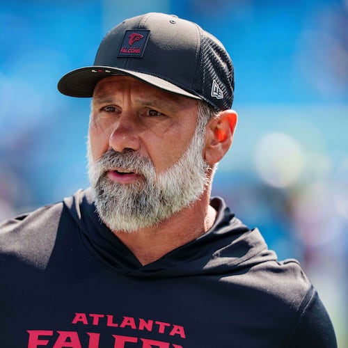 FILE - Atlanta Falcons defensive coordinator Jeff Ulbrich looks on before an NFL football game between the Carolina Panthers and the Atlanta Falcons, Sep. 21, 2025, in Charlotte, N.C. (AP Photo/Jacob Kupferman, File)