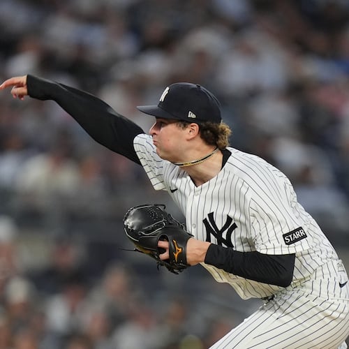 New York Yankees' Cam Schlittler pitches during the third inning of a baseball game against the Kansas City Royals Friday, April 17, 2026, in New York. (AP Photo/Frank Franklin II)