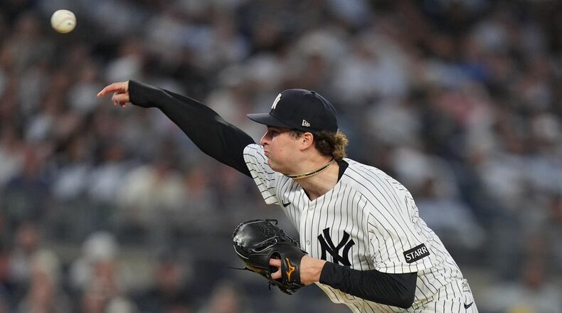 New York Yankees' Cam Schlittler pitches during the third inning of a baseball game against the Kansas City Royals Friday, April 17, 2026, in New York. (AP Photo/Frank Franklin II)