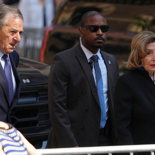 Rep. Nancy Pelosi, D-Calif., and her husband Paul arrive at the funeral services for Clive Davis at Central Synagogue in New York, Monday, June 29, 2026. (AP Photo/Adam Gray)