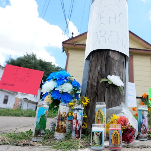 A makeshift memorial for Lorenzo Salgado Araujo, who was shot and killed by an ICE officer Tuesday, is shown Wednesday, July 8, 2026, in Houston. (AP Photo/David J. Phillip)