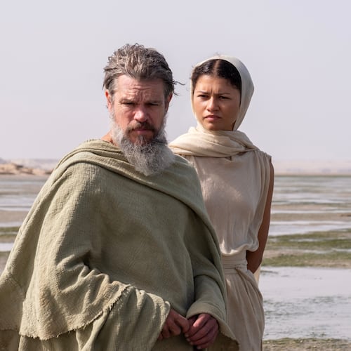 This image released by Universal Pictures shows Matt Damon as Odysseus, left, and Zendaya as Athena, in a scene from "The Odyssey." (Melinda Sue Gordon/Universal Pictures via AP)