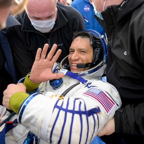 Frank Rubio, a NASA astronaut, is helped out of the Soyuz MS-23 spacecraft minutes after he and Roscosmos cosmonauts landed near Dzhezkazgan, Kazakhstan, on Wednesday, Sept. 27, 2023. Rubio safely returned to Earth after spending 371 days in space, a record in spaceflight for American astronauts. He will return to orbit next year aboard the Orion spacecraft. (Bill Ingalls/NASA via The New York Times)
