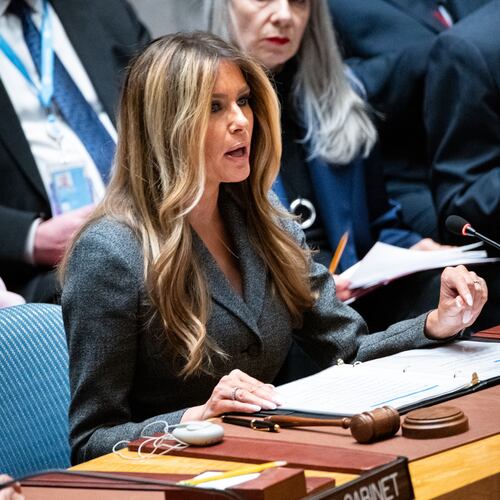 First lady Melania Trump presides over the United Nations Security Council at United Nations headquarters, Monday, March 2, 2026. (AP Photo/Angelina Katsanis)