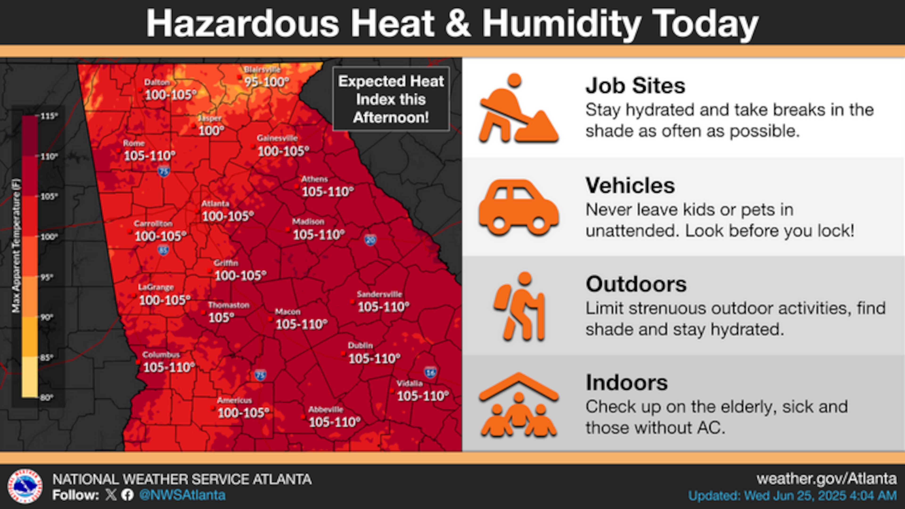 The National Weather Service is warning of extremely high heat index values across Georgia on Wednesday, June 25, 2025. (National Weather Service)