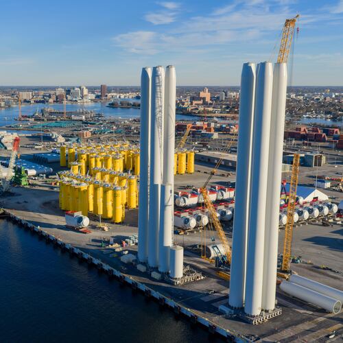 FILE - Wind turbine bases, generators and blades sit at The Portsmouth Marine terminal that is the staging area for Dominion Energy Virginia, which is developing Coastal Virginia Offshore Wind, Dec. 22, 2025, in Portsmouth, Va. (AP Photo/Steve Helber, File)