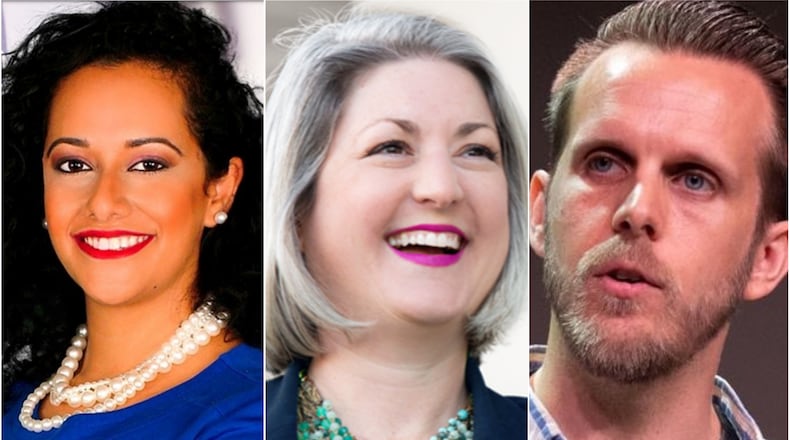 From left, Maryam Ahmad, Emily Halevy and Ted Terry are all running for DeKalb Commissioner Super District 6. All three are Democrats. SPECIAL PHOTOS