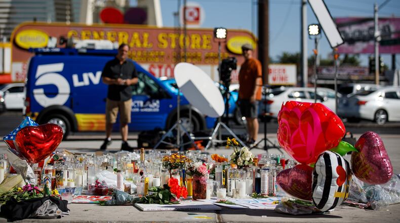 A makeshift memorial for the victims of the mass shooting takes place on the intersection of Sahara Ave and Las Vegas Blvd, on Oct. 3, 2017 in Las Vegas. (Marcus Yam/Los Angeles Times/TNS)