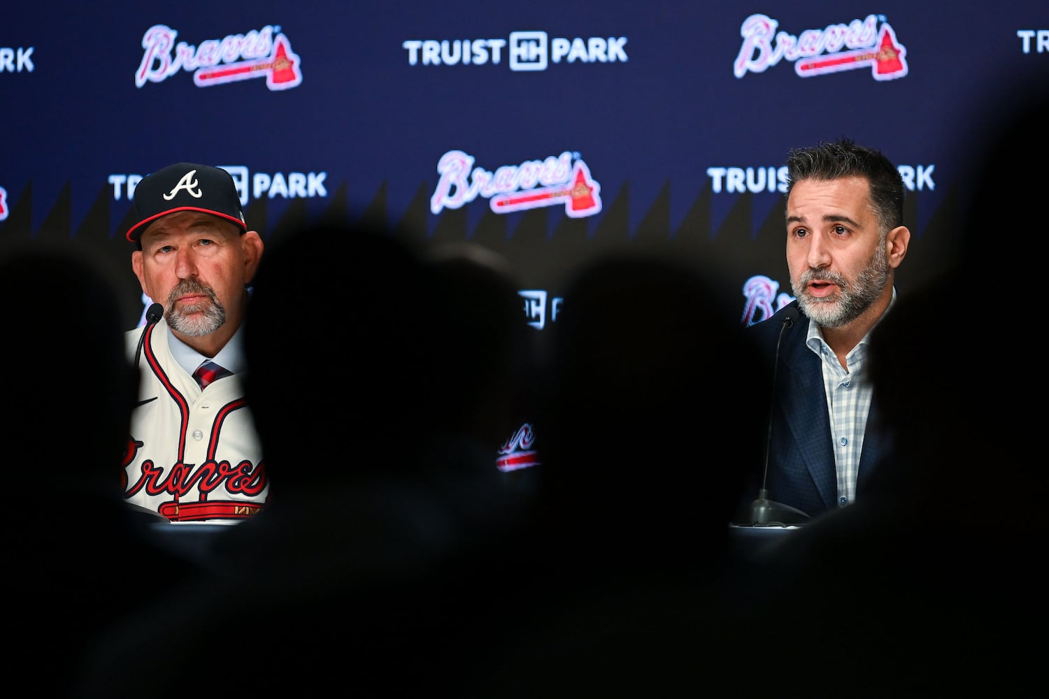 Newly hired Braves manager Walt Weiss (left) and president of baseball operations Alex Anthopoulos attend a news conference Tuesday, Nov. 4, 2025, at Truist Park in Atlanta. (Daniel Varnado for the AJC)