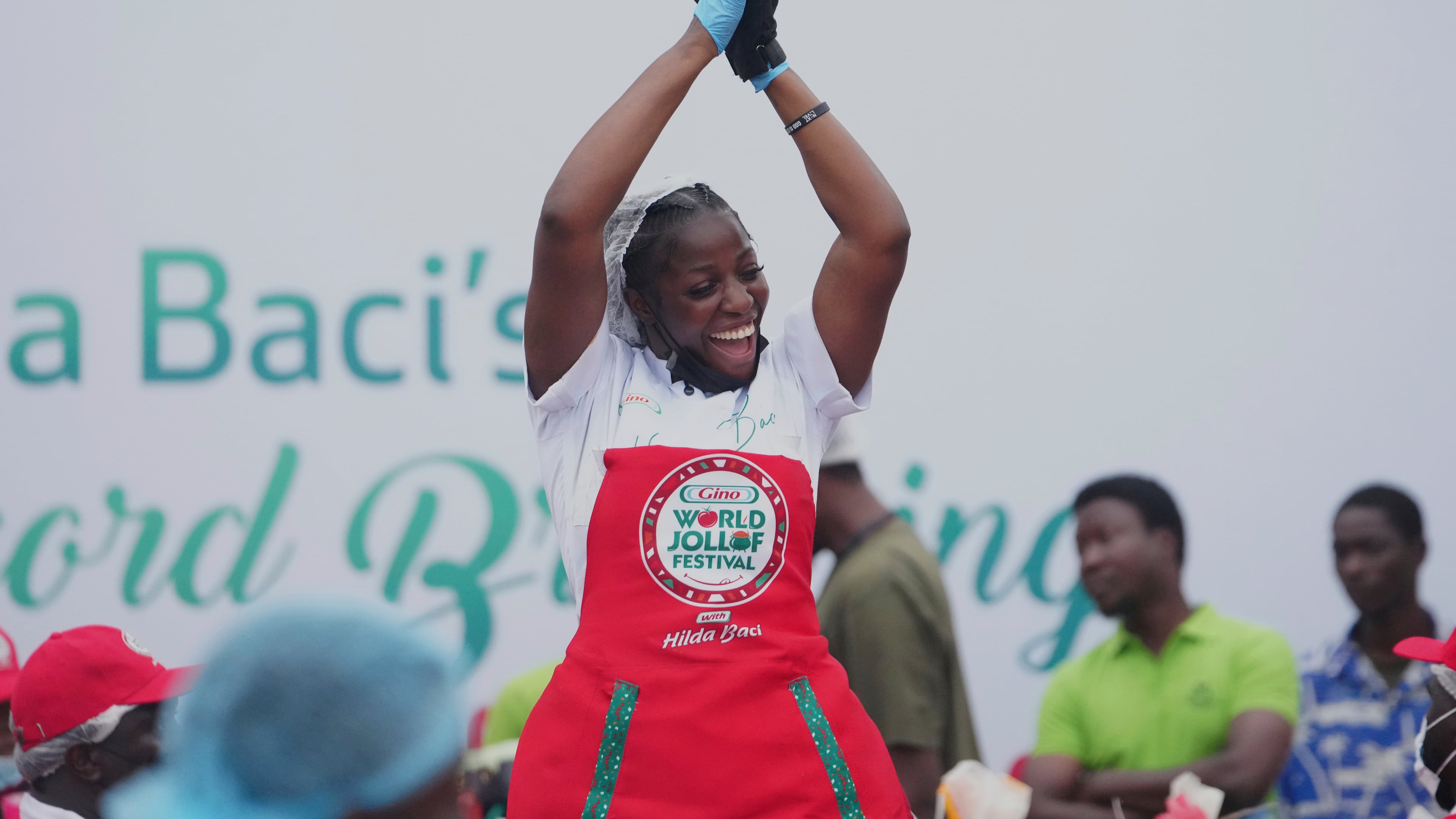 Chef Hilda Baci attempts to cook the world's largest pot of Jollof Rice in Lagos, Nigeria, on Friday, Sept 12, 2025. (AP Photo/Sunday Alamba)