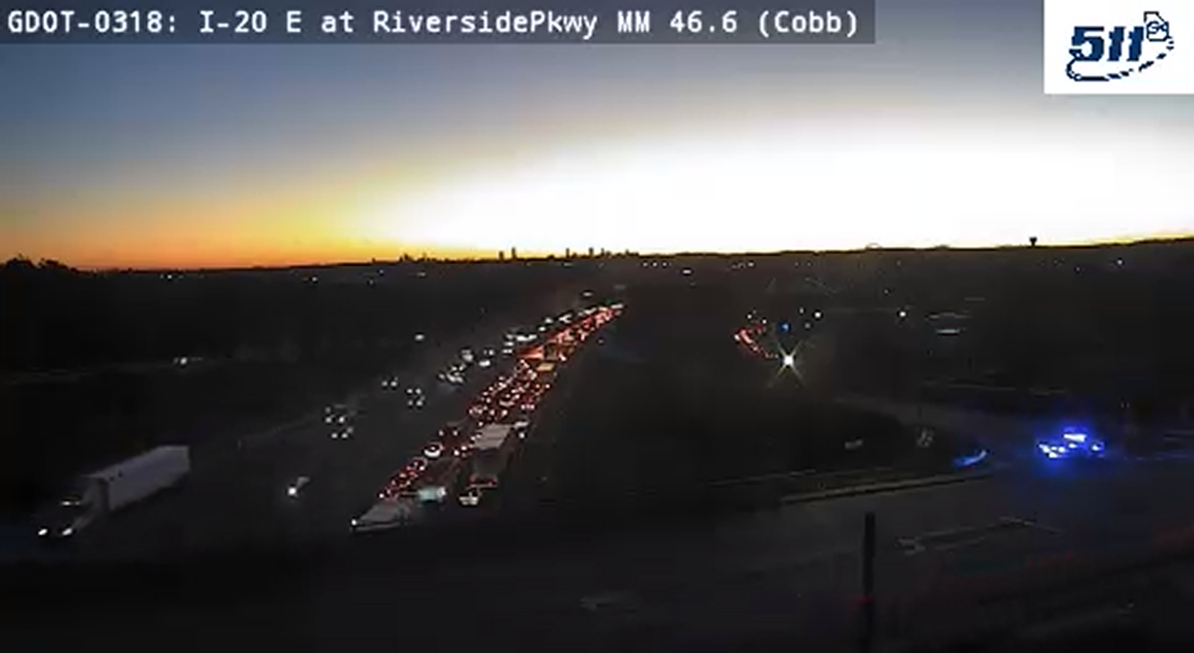 A tractor-trailer crash left traffic backed up nearly 8 miles on I-20 East early Monday, Nov. 17, 2025. (Courtesy Georgia Department of Transportation)