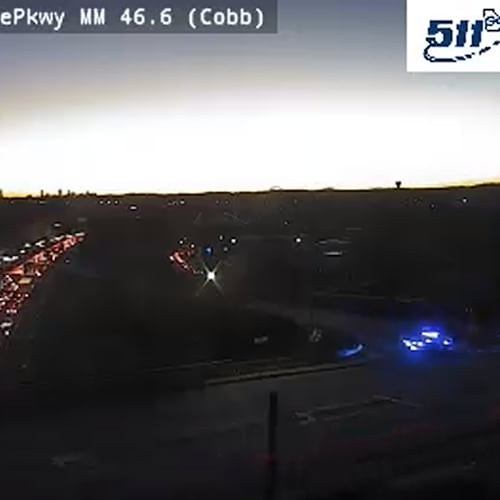 A crash involving a tractor-trailer blocks the eastbound lanes on I-20 just outside Atlanta, causing nearly 8 miles of backups on Monday, Nov. 17, 2025. (Georgia Department of Transportation)