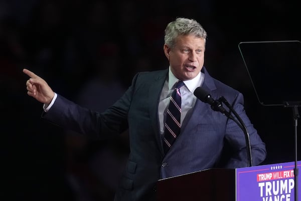 FILE - Rep. Bill Huizenga, R-Mich., speaks at a campaign rally, Nov. 4, 2024, in Grand Rapids, Mich. (AP Photo/Paul Sancya, File)