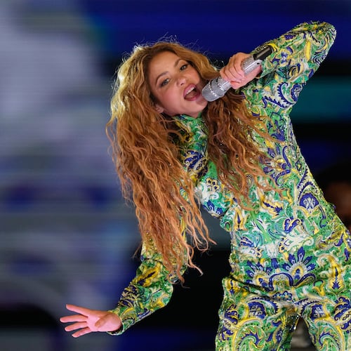 Colombian pop star Shakira performs during her free concert on Copacabana Beach in Rio de Janeiro, Saturday, May 2, 2026. (AP Photo/Silvia Izquierdo)
