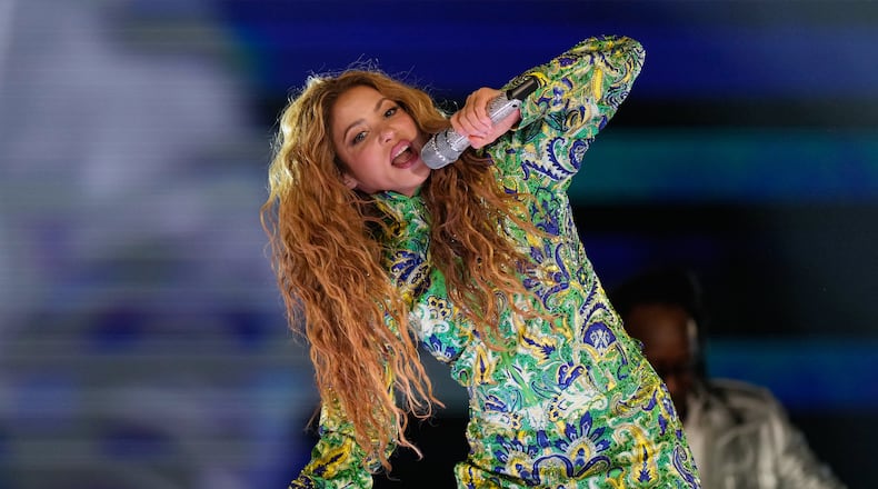 Colombian pop star Shakira performs during her free concert on Copacabana Beach in Rio de Janeiro, Saturday, May 2, 2026. (AP Photo/Silvia Izquierdo)