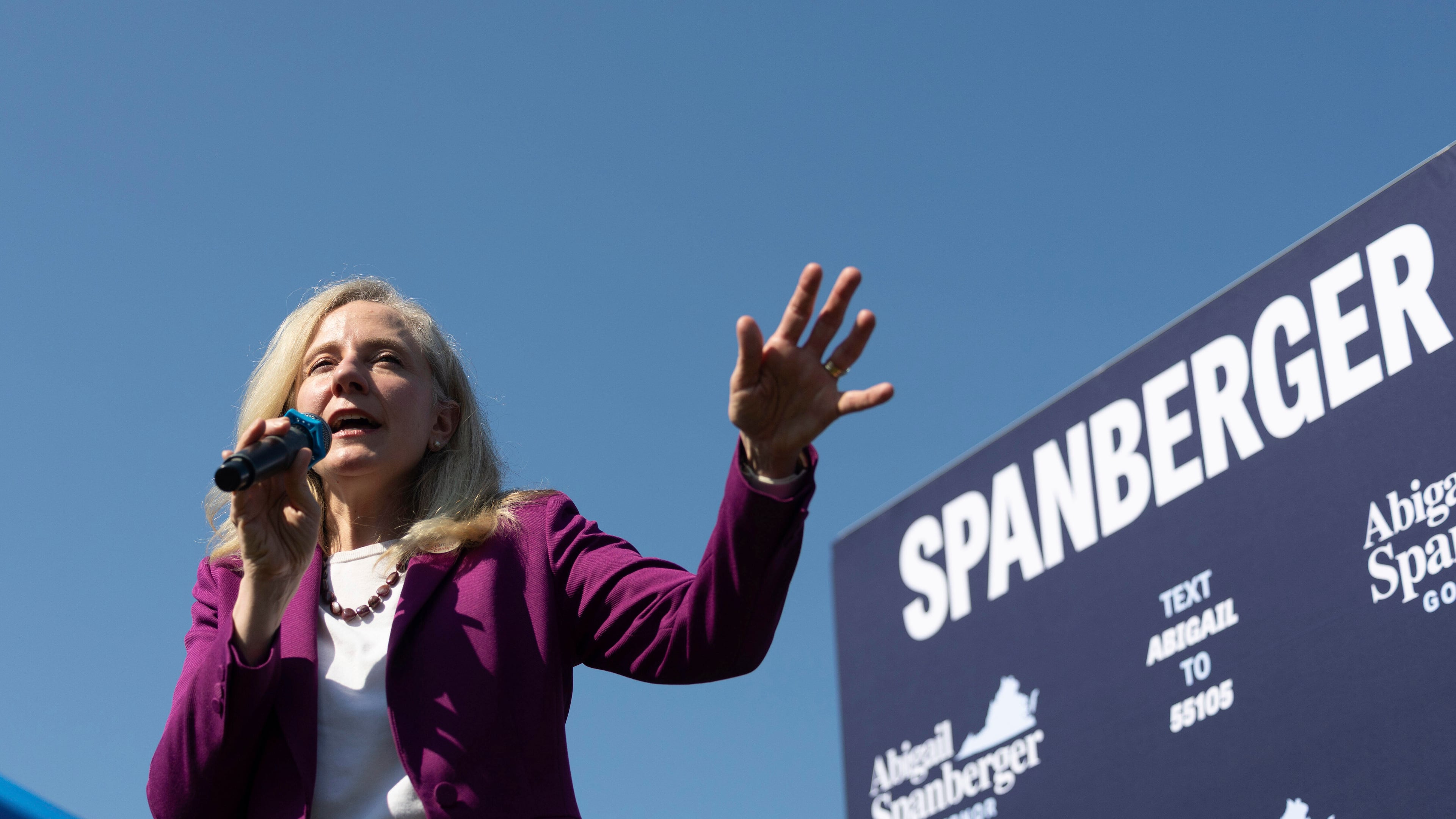 Democratic gubernatorial candidate Abigail Spanberger speaks to a crowd on the first day of early voting in Henrico County, Va., Friday, Sept. 19, 2025. (Mike Kropf /Richmond Times-Dispatch via AP)