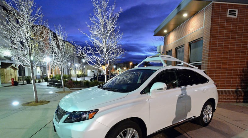 One of Google's self-driving cars is on display in front of the Bankhead Theater in Livermore, Calif., on Jan. 28, 2014. (Doug Duran/Bay Area News Group/MCT)