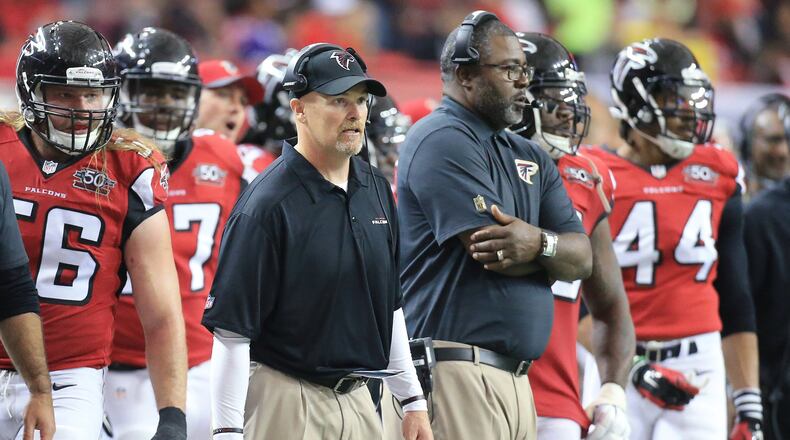 Falcons coach Dan Quinn looks on from the sidelines as his team falls behind 20-3 to the Vikings in a football game on Sunday, Nov. 29, 2015, in Atlanta. Curtis Compton / ccompton@ajc.com