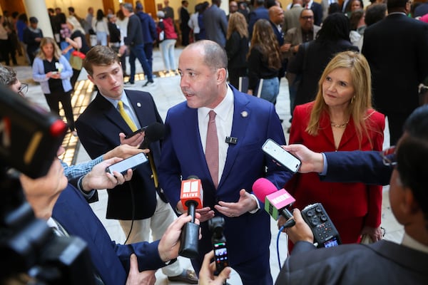 Attorney General Chris Carr, Republican candidate for governor, speaks to media while waiting to file paperwork to run for election at the Capitol in Atlanta on Monday, March 2, 2026. (Arvin Temkar/AJC)