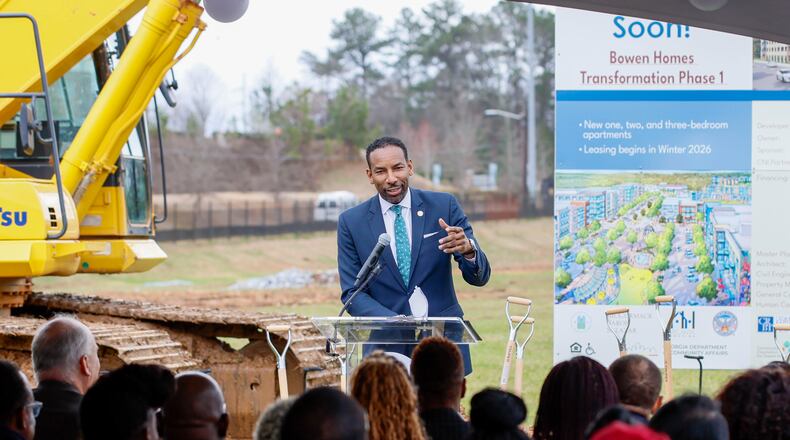 Atlanta Mayor Andre Dickens gives his remarks during the groundbreaking ceremony for the mixed-homes redevelopment of Bowen Homes on Wednesday, March 5, 2025.
(Miguel Martinez/AJC)