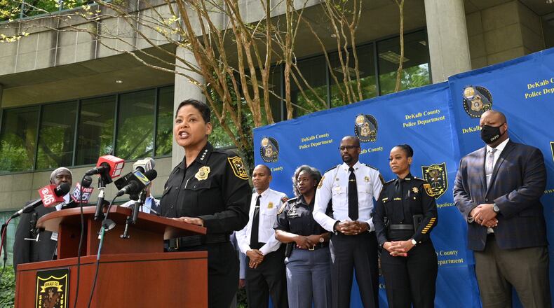 April 21, 2022 Tucker - DeKalb County Police Chief Mirtha Ramos speaks to members of the press during a news conference outside DeKalb County Police Headquarters in Tucker on Thursday, April 21, 2022. A 13-year-old boy was arrested Thursday morning in connection with the shooting outside a skating rink earlier this month that left 11-year-old D’Mari Johnson severely injured. DeKalb County police announced the arrest at a news conference. No motive was released. (Hyosub Shin / Hyosub.Shin@ajc.com)