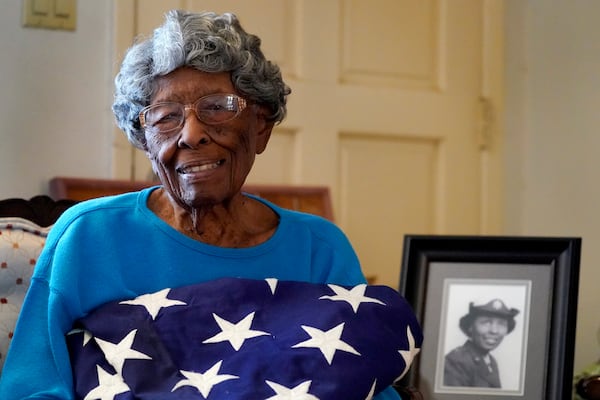 FILE - World War II veteran Maj. Fannie Griffin McClendon, a member of the World War II 6888th Central Postal Directory Battalion, poses for a photo at her home on June 10, 2021, in Tempe, Ariz. (AP Photo/Matt York, File)