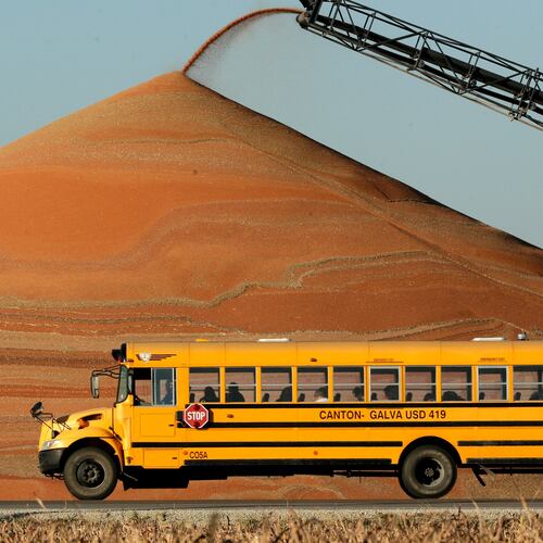 FILE - A school bus passes a pile of milo at a grain storage facility near Canton, Kan., Nov. 10, 2015. (AP Photo/Charlie Riedel, File)