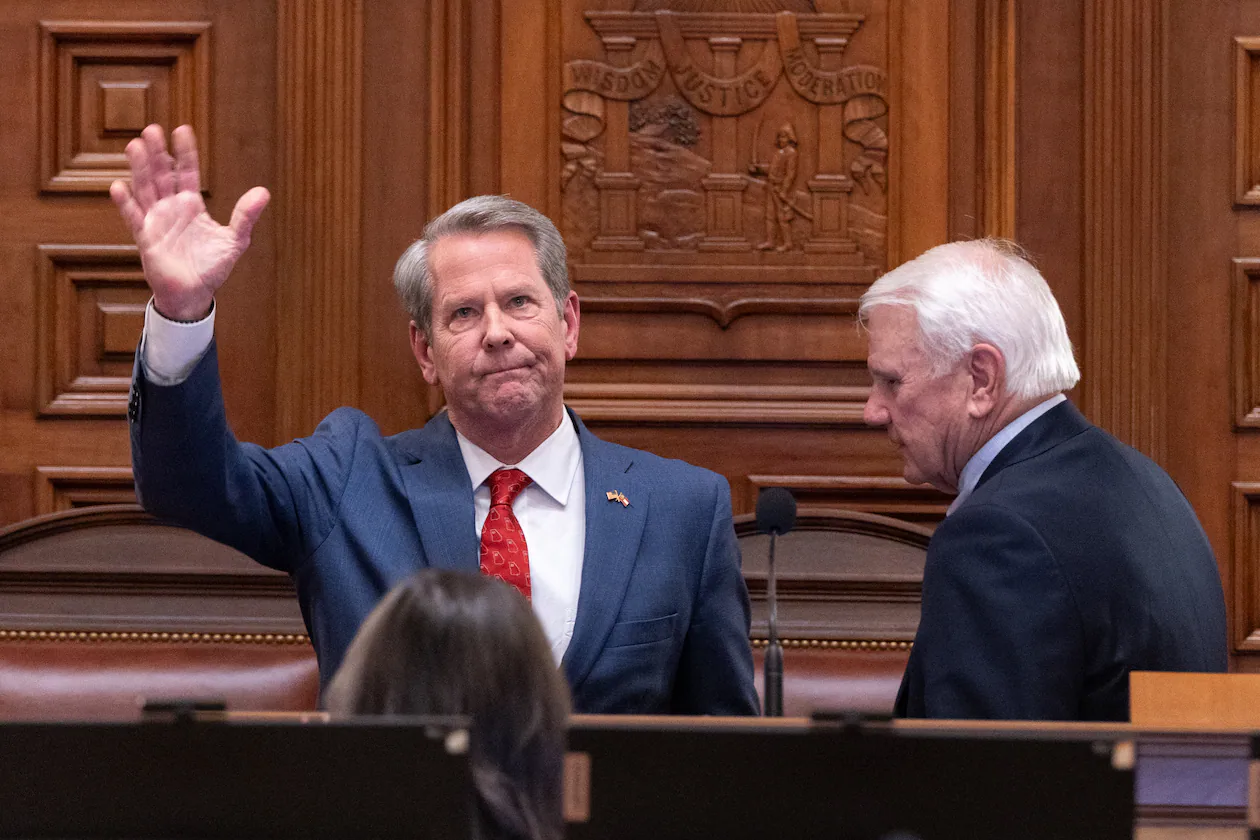 Gov. Brian Kemp makes final speech at the House of Representatives last week on Sine Die, the last day of the legislative session. (Arvin Temkar/AJC)