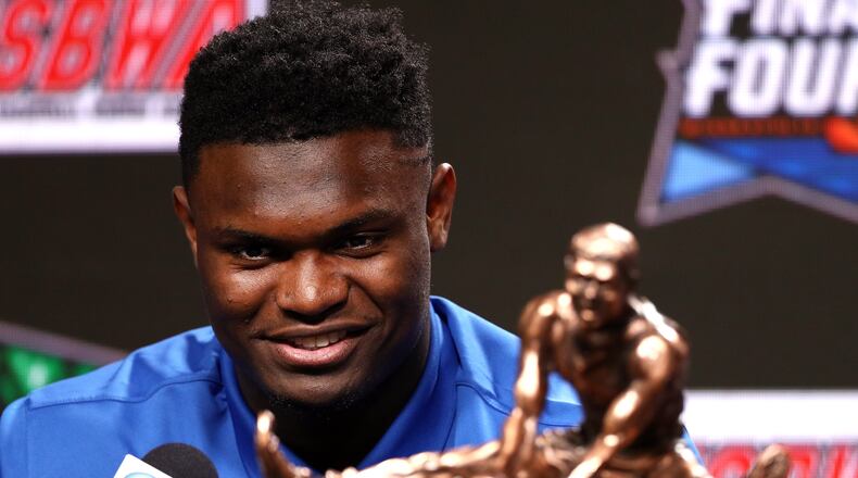 Zion Williamson of the Duke Blue Devils speaks during a press conference after being awarded the USBWA Oscar Robertson Trophy Player of the Year prior to the 2019 NCAA men's Final Four at U.S. Bank Stadium on April 5, 2019 in Minneapolis, Minnesota. (Photo by Mike Lawrie/Getty Images)