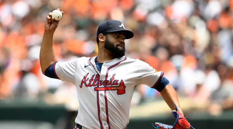 Atlanta Braves starting pitcher Reynaldo Lopez throws during the second inning of a baseball game against the Baltimore Orioles, Thursday, June 13, 2024, in Baltimore. (AP Photo/Nick Wass)