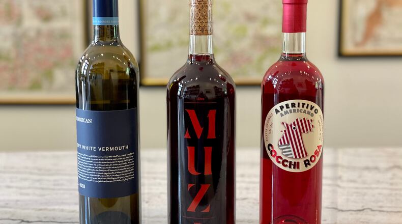 Vermouth has seen a renaissance in the 21st century. Massican dry vermouth (from left), Partida Creus Muz vermouth and Cocchi americano rosa are recommended picks. Krista Slater for The Atlanta Journal-Constitution
