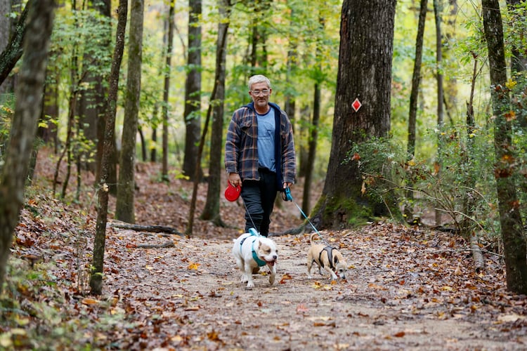Terrance Wahl of Decatur takes a walk with his pets, Teddy and Tippi, along Sweet Water Creek in October 2025. (Miguel Martinez/AJC)