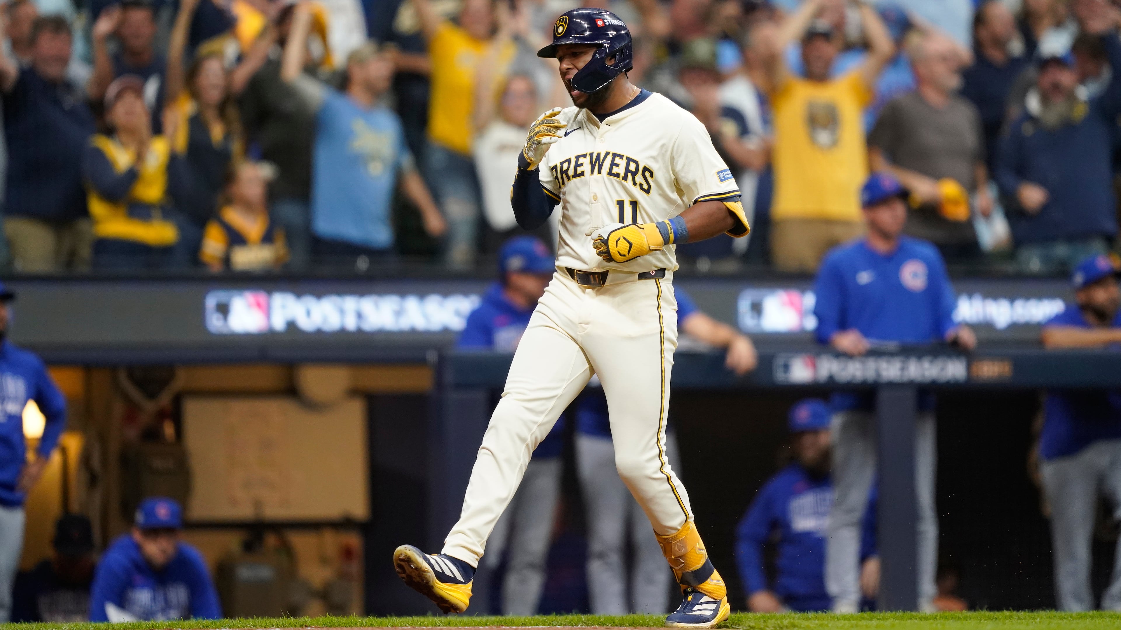 Milwaukee Brewers' Jackson Chourio (11) celebrates while running the bases after hitting a 3-run home run during the fourth inning of Game 2 of baseball's National League Division Series against the Chicago Cubs Monday, Oct. 6, 2025, in Milwaukee. (AP Photo/Kayla Wolf)