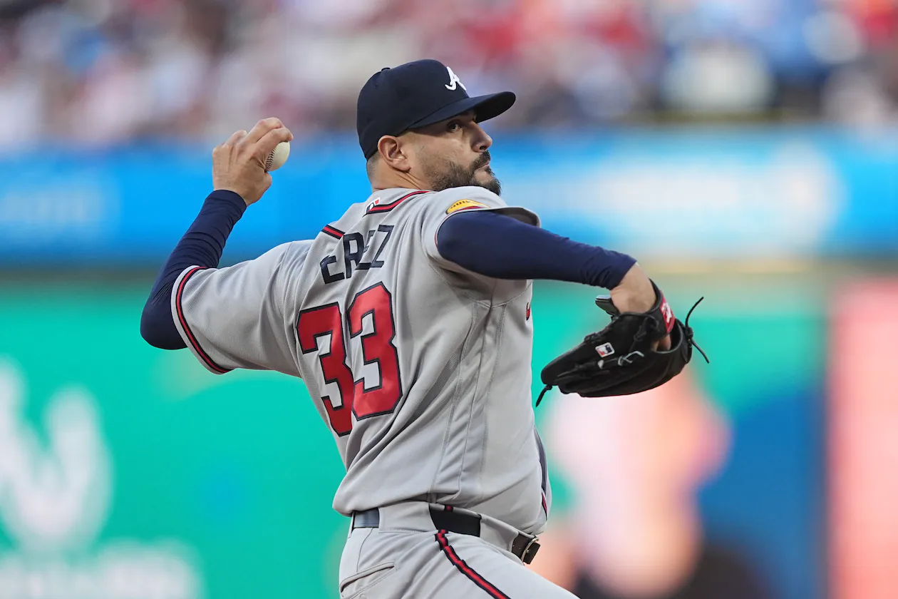 Martin Perez pitched six scoreless innings for the Braves on Friday, April, 17, 2026, in a start against the Phillies, a game that would become a 9-0 Braves’ win. (Matt Rourke/AP)