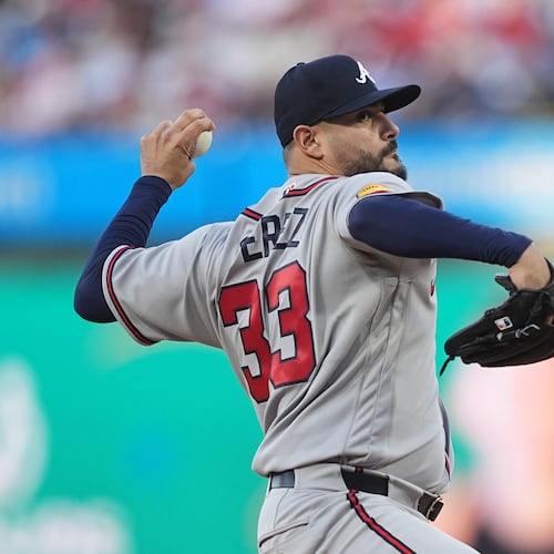 Martin Perez pitched six scoreless innings for the Braves on Friday, April, 17, 2026, in a start against the Phillies, a game that would become a 9-0 Braves’ win. (Matt Rourke/AP)