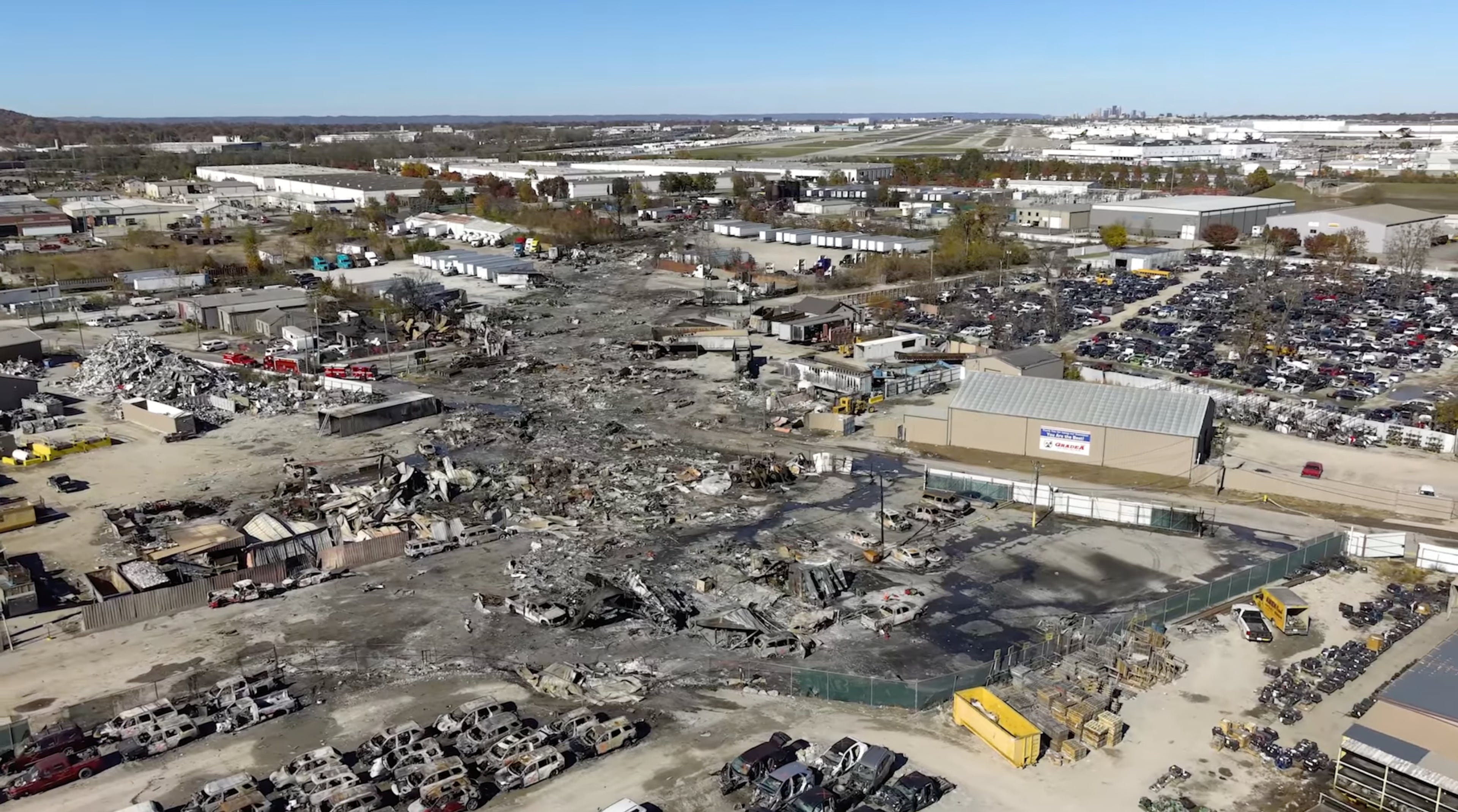 This photo provided by the National Transportation Safety Board shows the UPS plane crash scene on Nov. 6, 2025 in Louisville, Ky. An area the size of a city block was at one point on fire, officials estimated. (NTSB via AP)