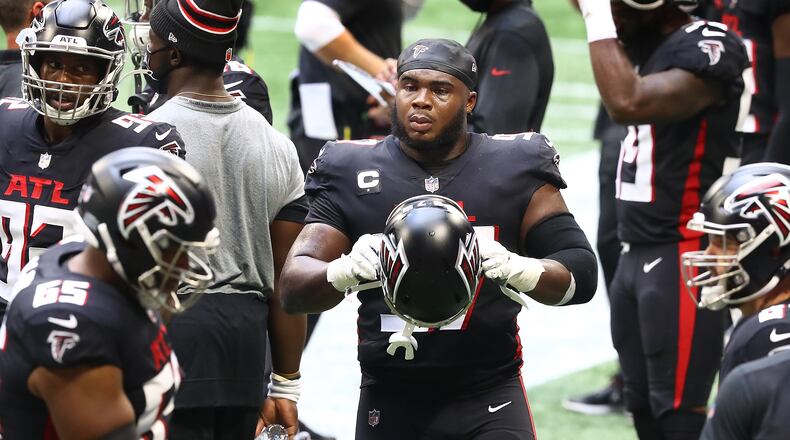 Falcons defensive tackle Grady Jarrett comes out of the game against the Chicago Bears Sunday, Sept. 27, 2020 in Atlanta. (Curtis Compton / Curtis.Compton@ajc.com)