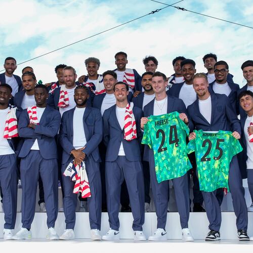 United States men's national soccer team pose after announcement of the team's roster, Tuesday, May 26, 2026, in New York, ahead of the FIFA World Cup soccer tournament. (AP Photo/Eduardo Munoz Alvarez)