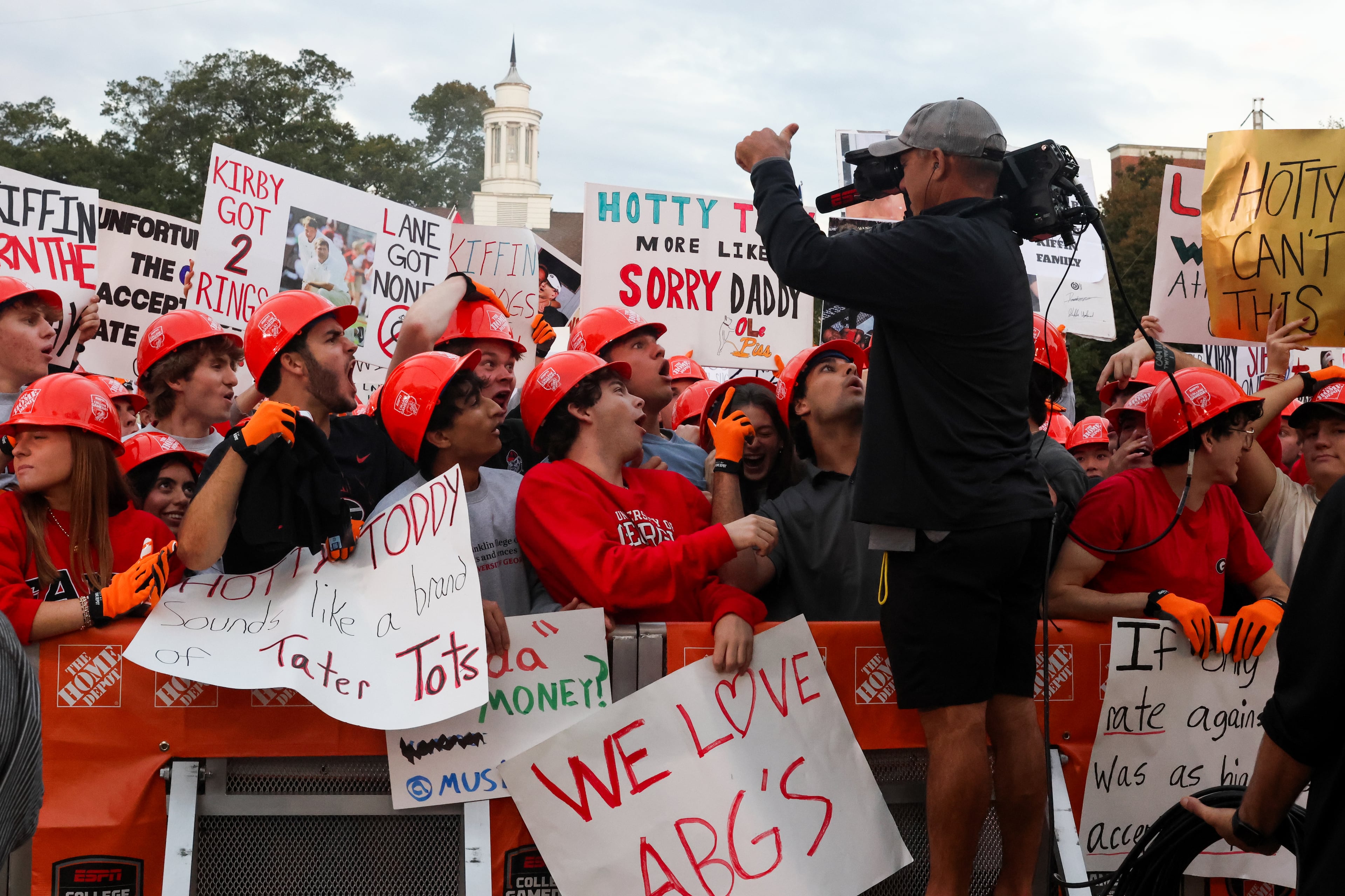 A cameraman fires up the crowd before the ESPN College GameDay broadcast from Myers Quad at UGA on Saturday, Oct. 18, 2025. (C.J. Bartunek for the AJC)