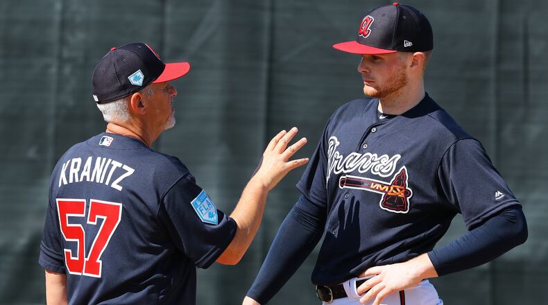 Atlanta Braves new pitching coach Rick Kranitz works with Sean Newcomb in the bullpen during spring training at the ESPN Wide World of Sports Complex on Sunday, Feb. 17, 2019, in Lake Buena Vista.    Curtis Compton/ccompton@ajc.com