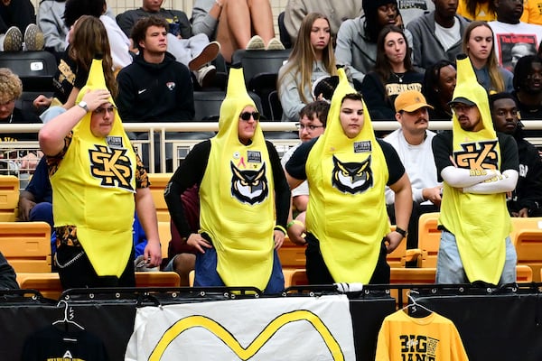 Kennesaw State basketball fans watch a recent game in fruit-based get-ups. (Daniel Varnado for the AJC)
